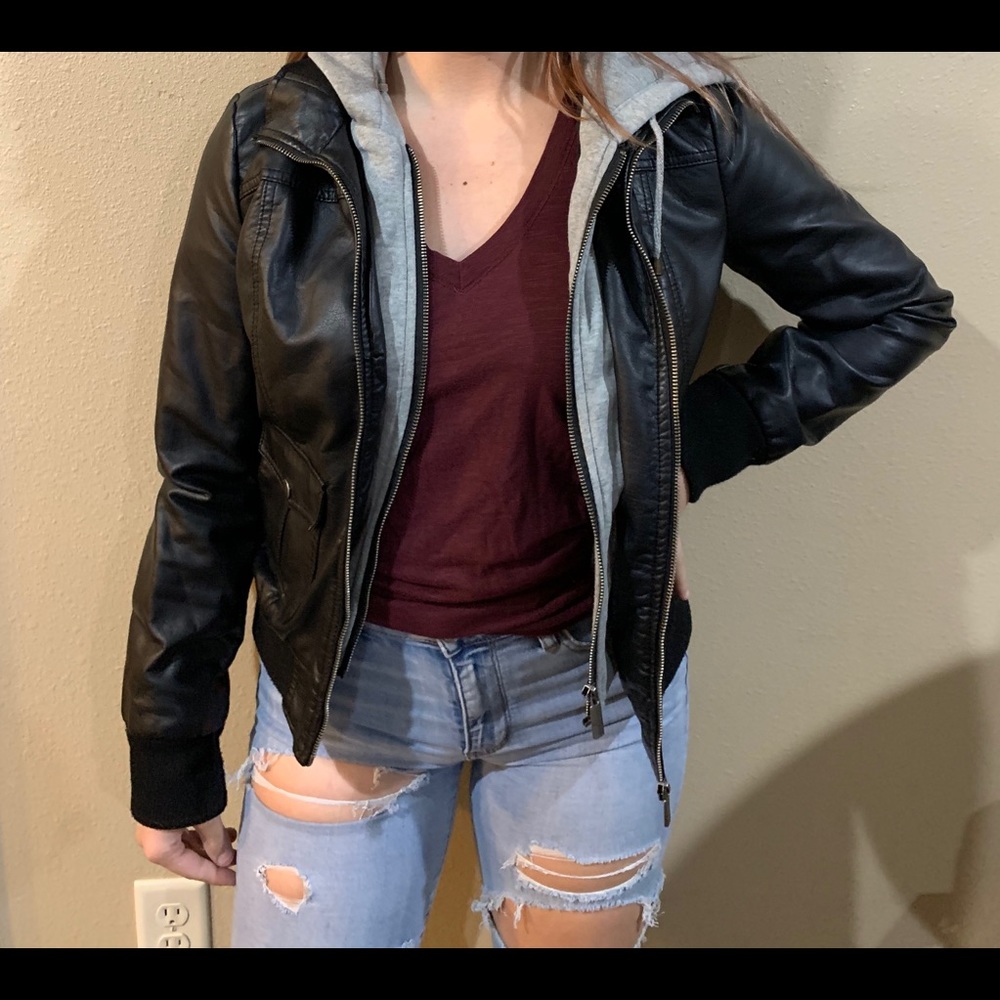 Black leather jacket with grey hood